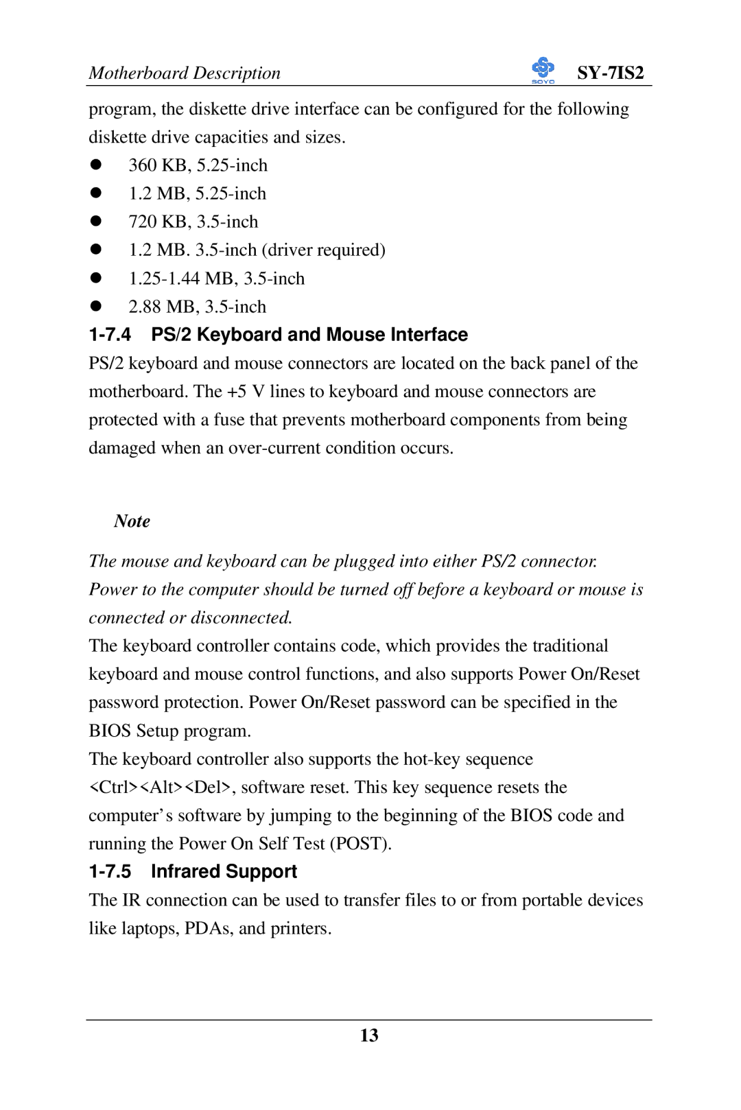 SOYO SY-7IS2 user manual 4 PS/2 Keyboard and Mouse Interface, Infrared Support 