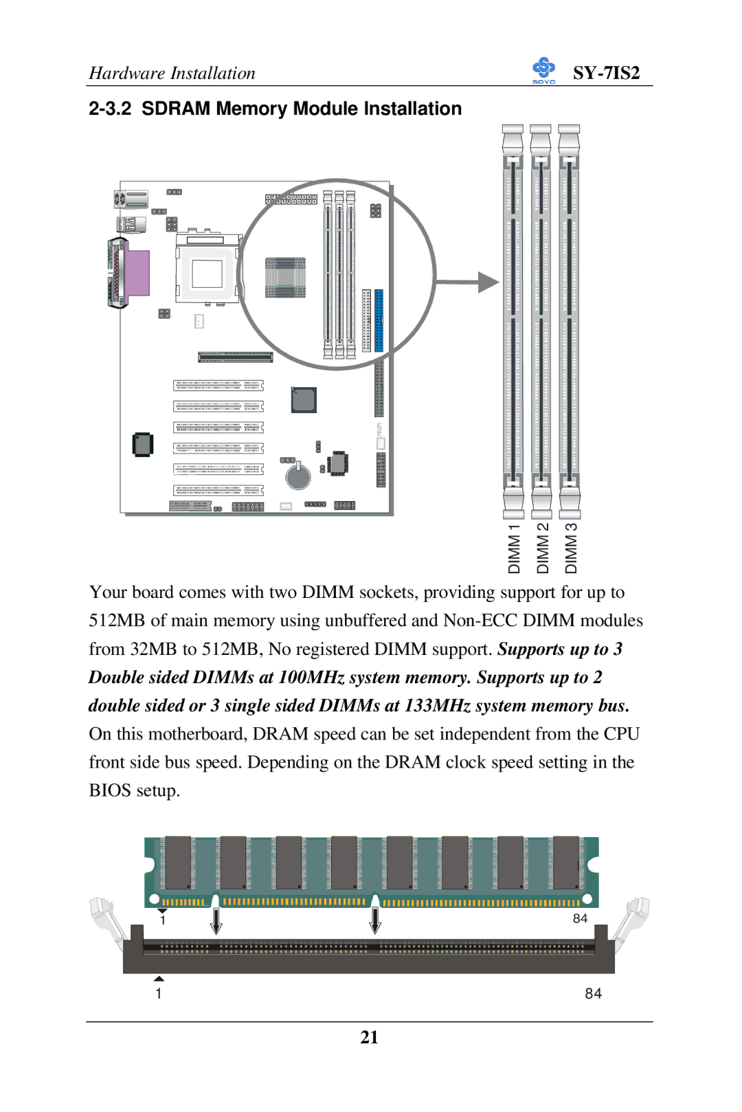 SOYO SY-7IS2 user manual Sdram Memory Module Installation 