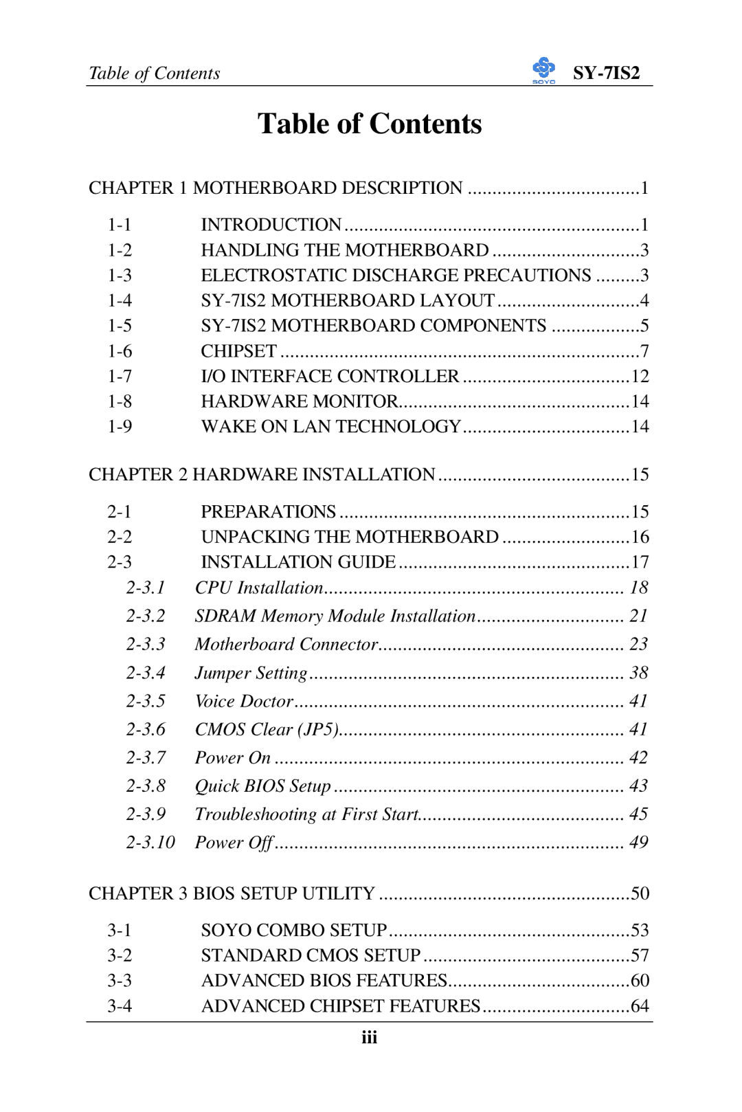 SOYO SY-7IS2 user manual Table of Contents 