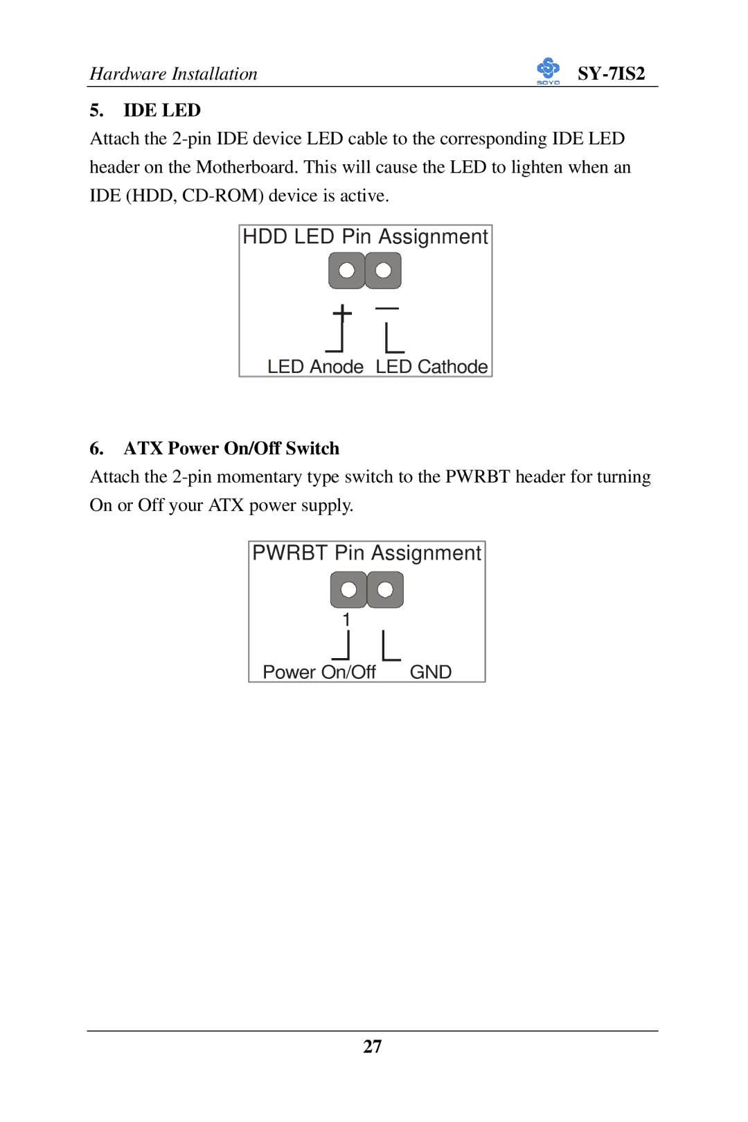 SOYO SY-7IS2 user manual Ide Led, ATX Power On/Off Switch 