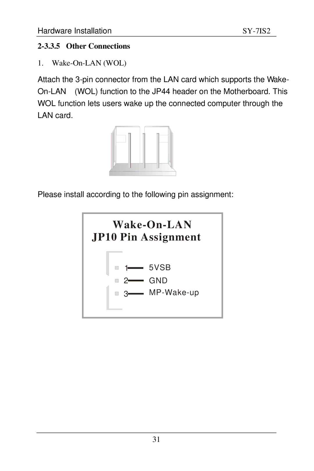 SOYO SY-7IS2 user manual Other Connections, Wake-On-LAN WOL 