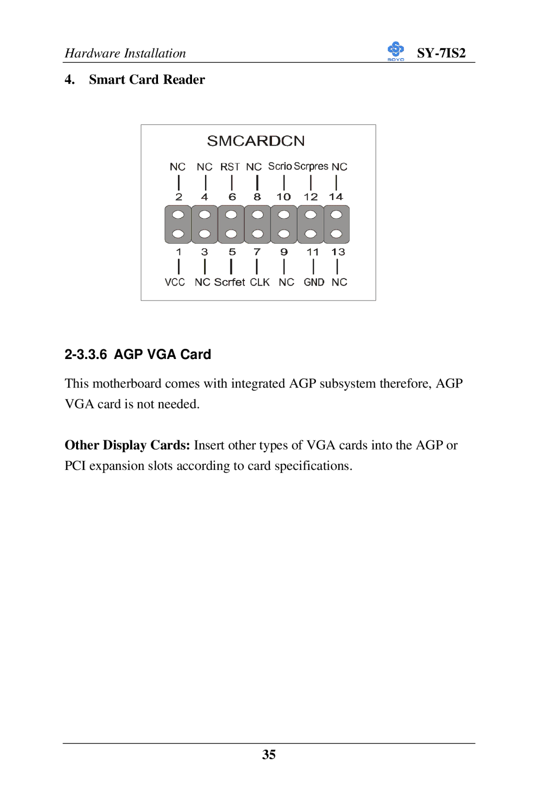 SOYO SY-7IS2 user manual Smart Card Reader, AGP VGA Card 