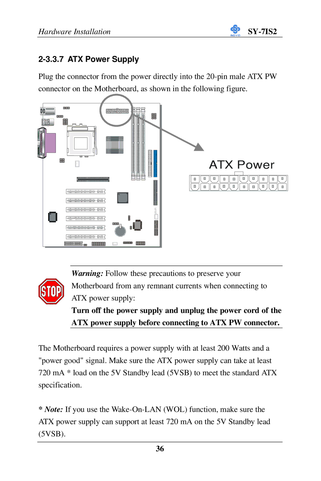 SOYO SY-7IS2 user manual ATX Power Supply 