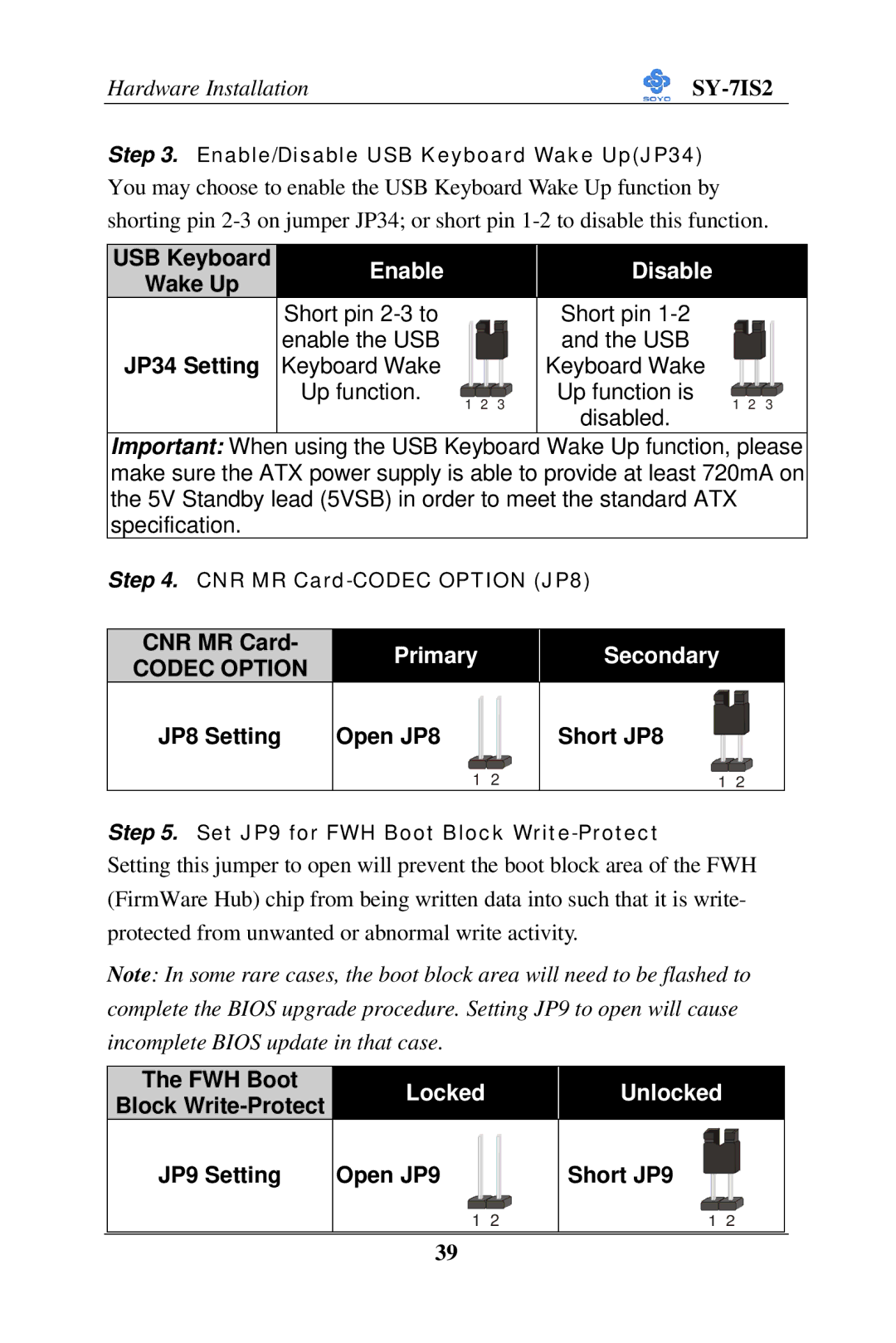 SOYO SY-7IS2 user manual USB Keyboard, JP34 Setting Keyboard Wake, CNR MR Card, JP8 Setting Open JP8 Short JP8 