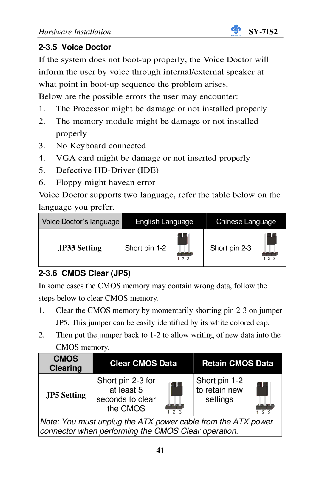 SOYO SY-7IS2 user manual Voice Doctor, JP33 Setting, Clearing, JP5 Setting 