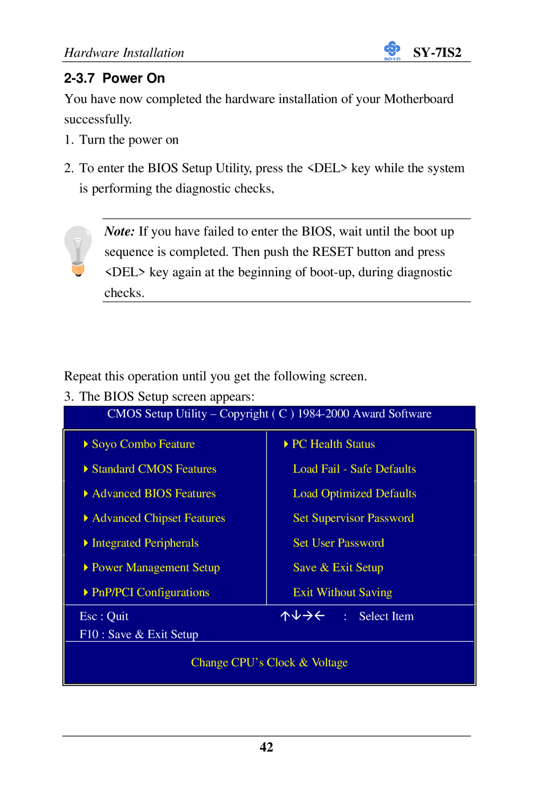 SOYO SY-7IS2 user manual Power On, Cmos Setup Utility Copyright C 1984-2000 Award Software 