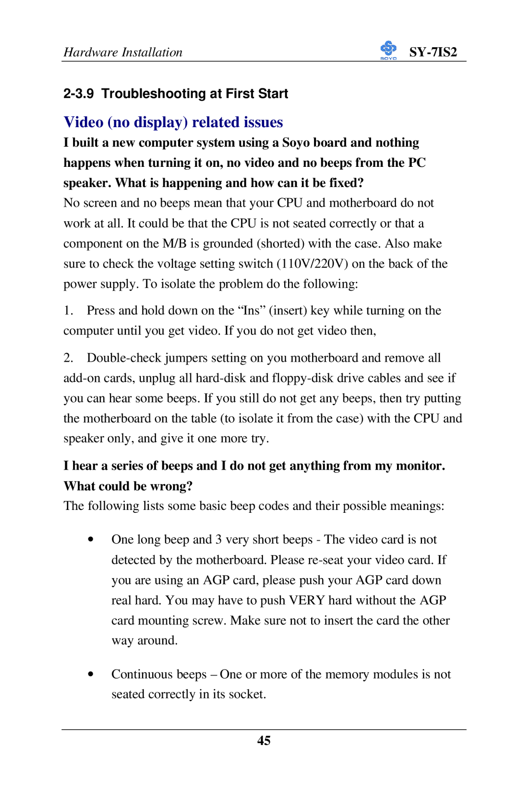 SOYO SY-7IS2 user manual Video no display related issues, Troubleshooting at First Start 