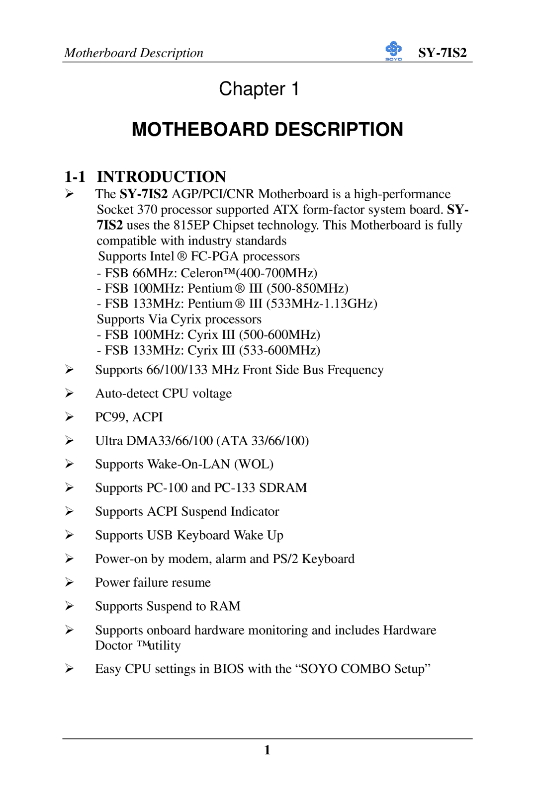 SOYO SY-7IS2 user manual Motheboard Description, Introduction 