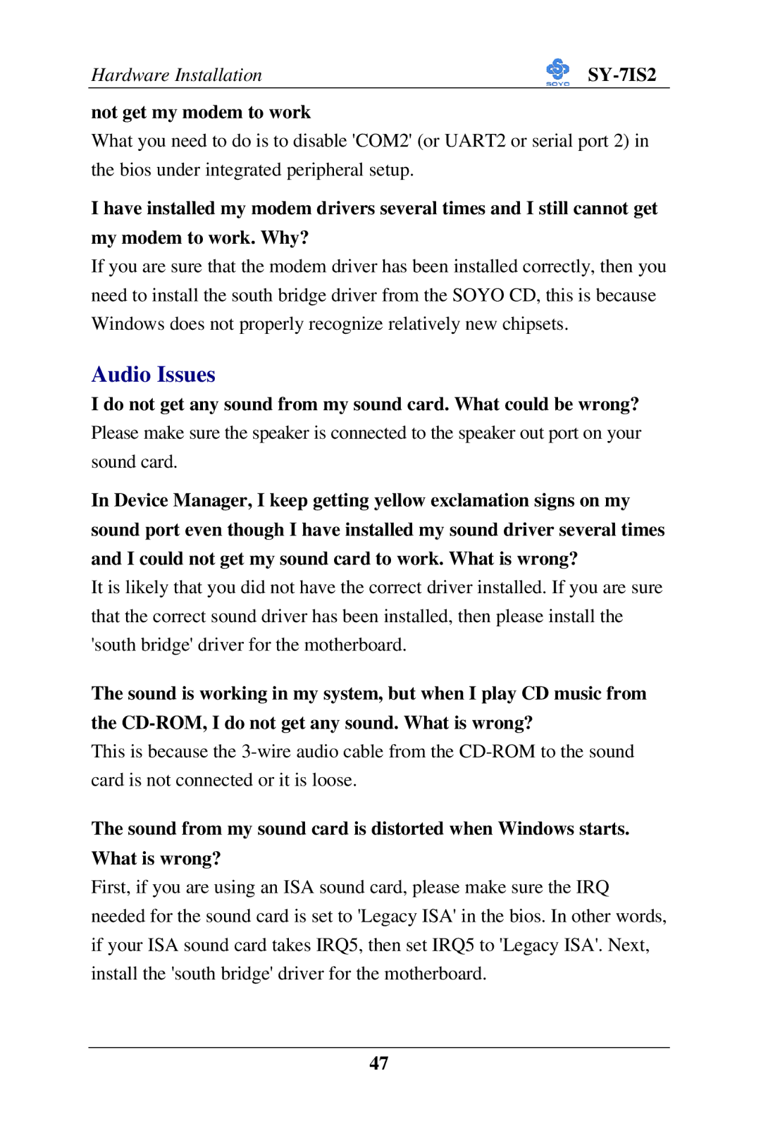 SOYO SY-7IS2 user manual Audio Issues, Not get my modem to work 