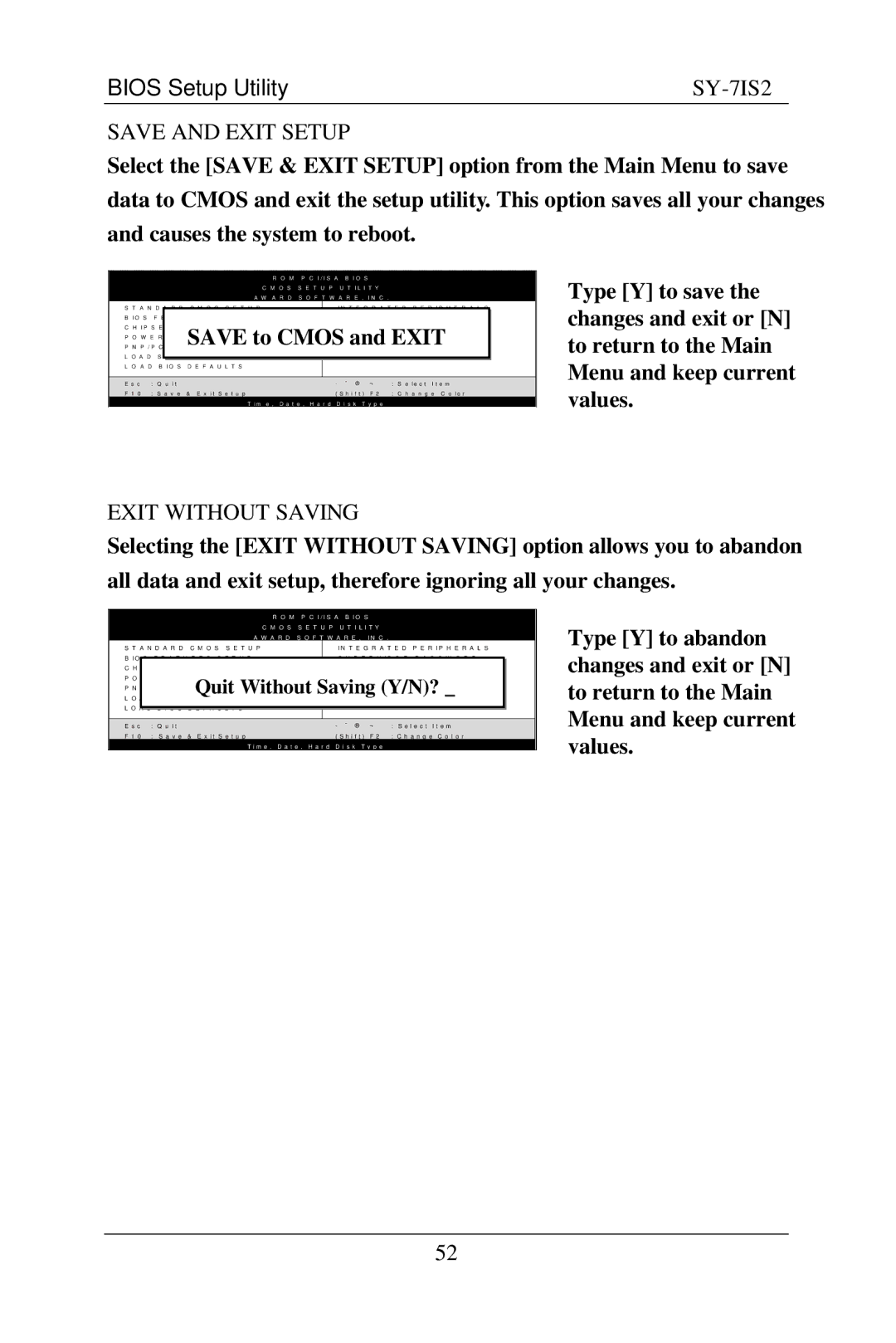 SOYO SY-7IS2 user manual Save and Exit Setup, Exit Without Saving 