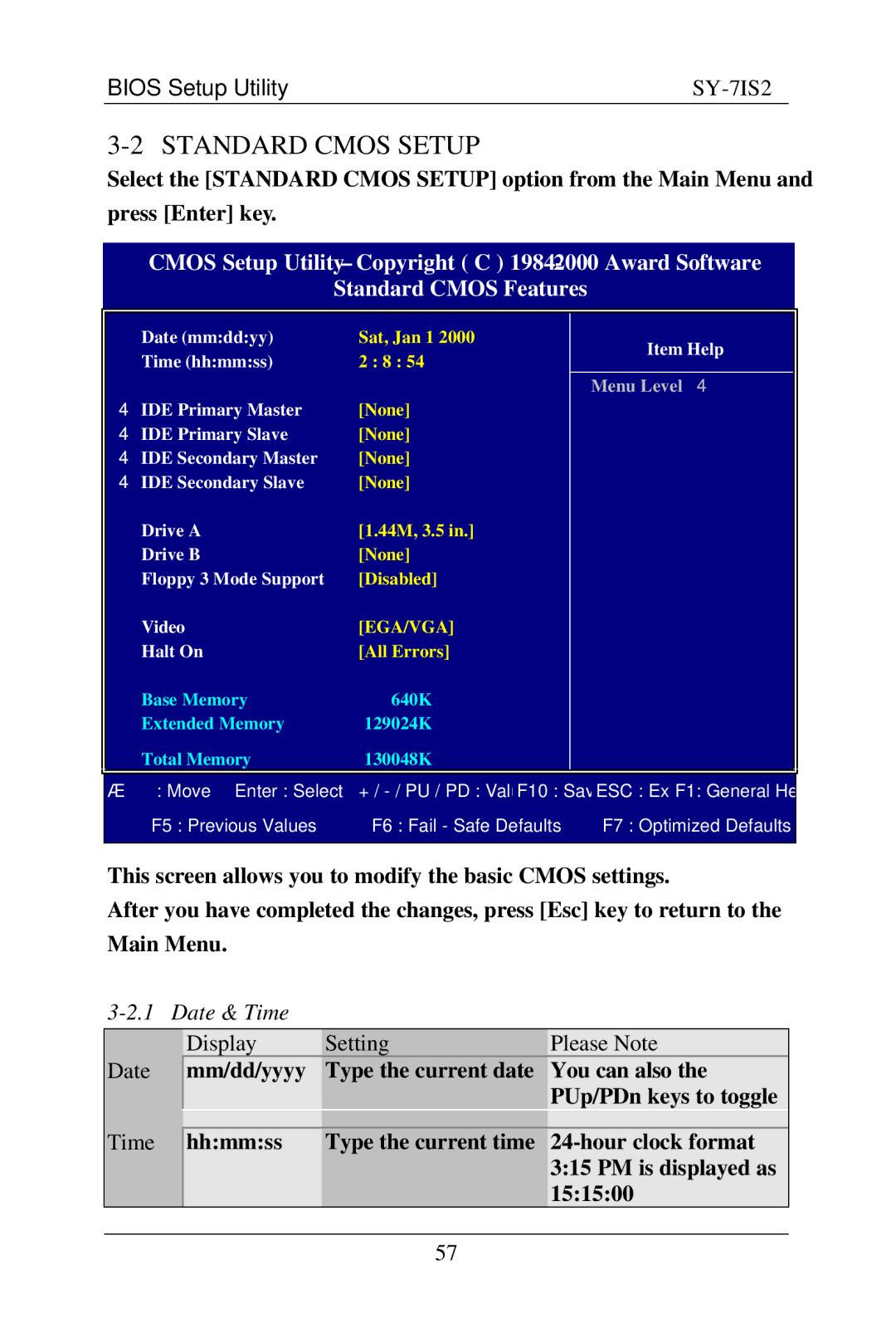 SOYO SY-7IS2 user manual Standard Cmos Setup, Date & Time, Display Setting Please Note Date 