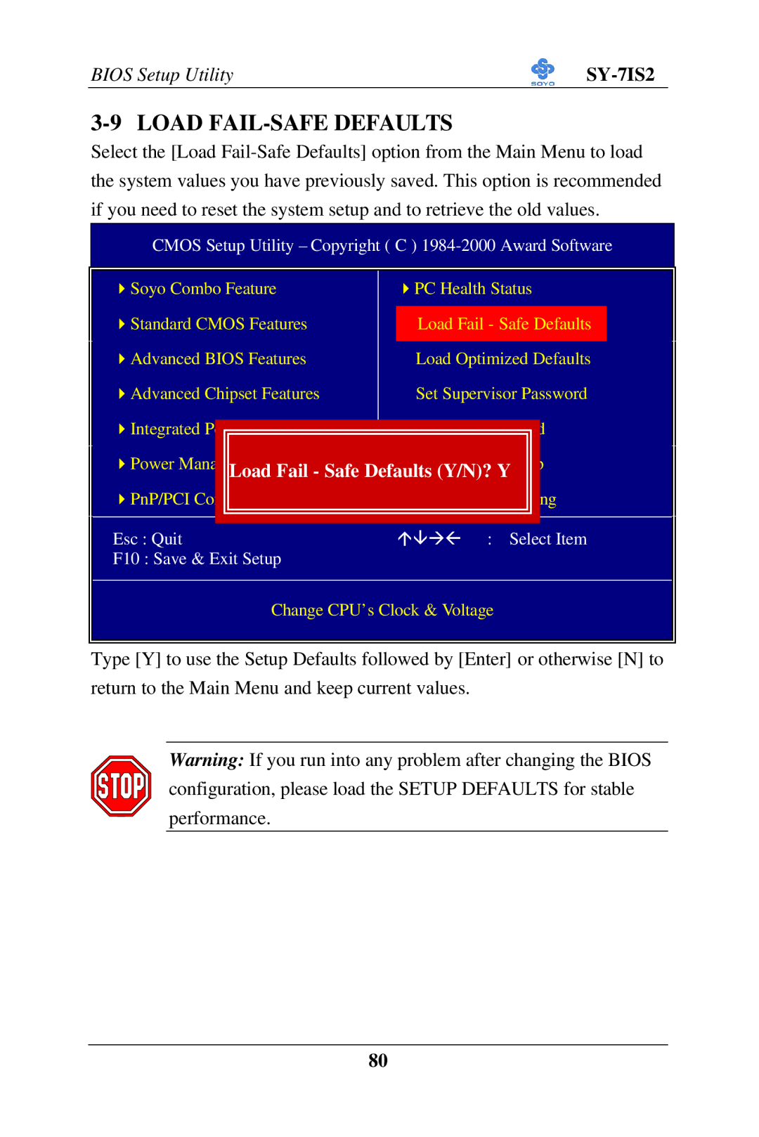 SOYO SY-7IS2 user manual Load FAIL-SAFE Defaults, Load Fail Safe Defaults Y/N? Y 