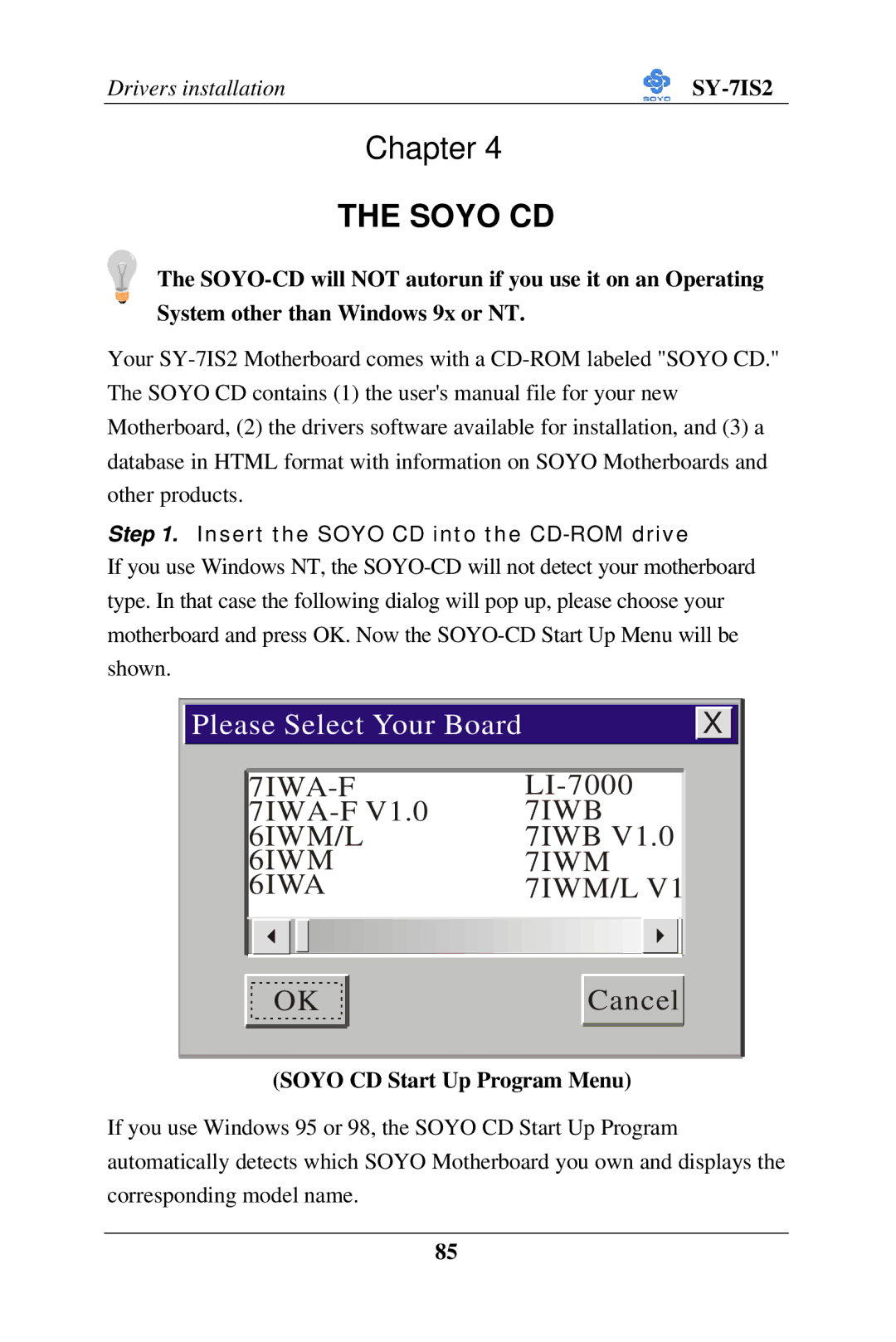 SOYO SY-7IS2 user manual Soyo CD Start Up Program Menu 