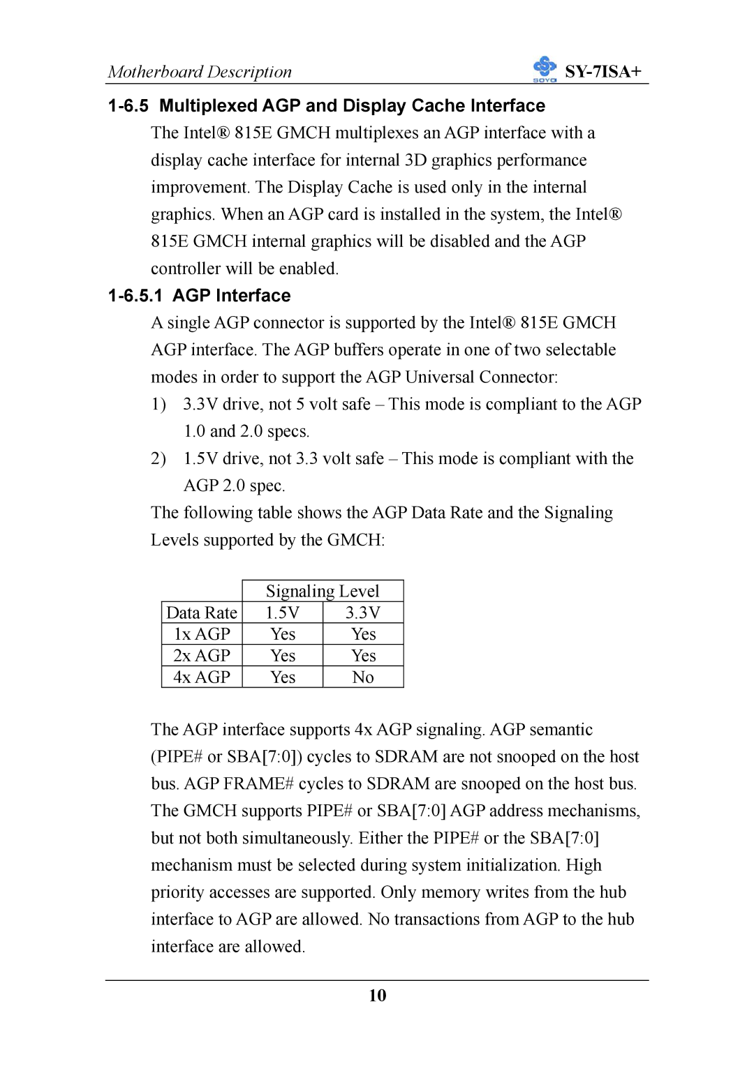 SOYO sy-7isa+ manual Multiplexed AGP and Display Cache Interface, AGP Interface 