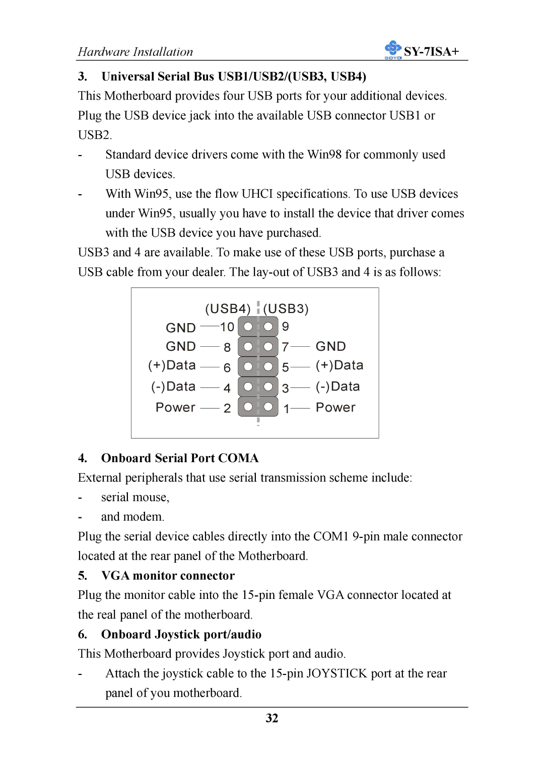 SOYO sy-7isa+ manual Universal Serial Bus USB1/USB2/USB3, USB4, Onboard Serial Port Coma, VGA monitor connector 