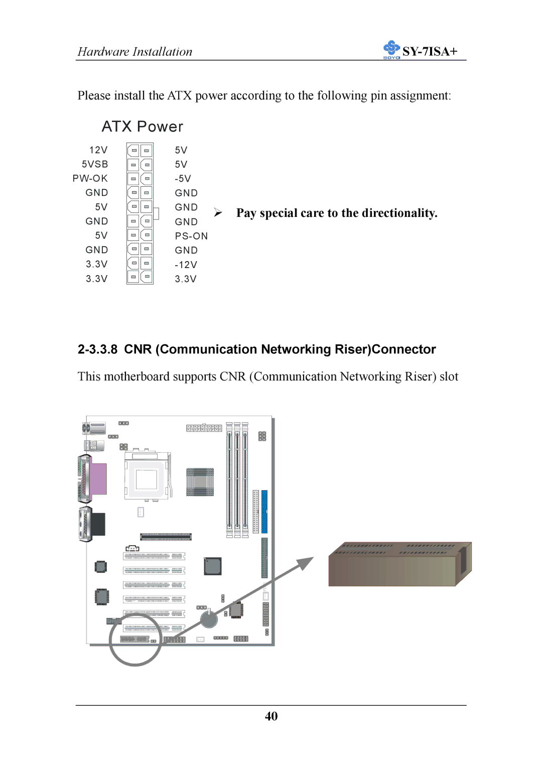 SOYO sy-7isa+ manual Pay special care to the directionality, CNR Communication Networking RiserConnector 