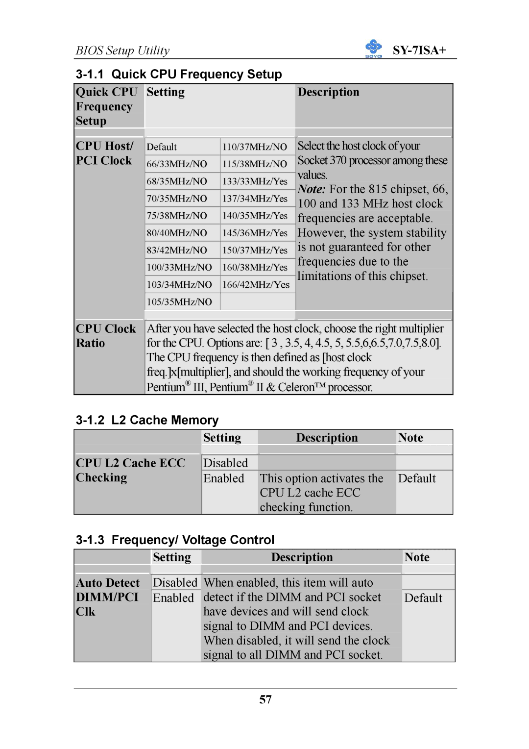 SOYO mother board fc-pga socket 370 pocessor supported, sy-7isa+ manual Quick CPU Frequency Setup, 2 L2 Cache Memory 