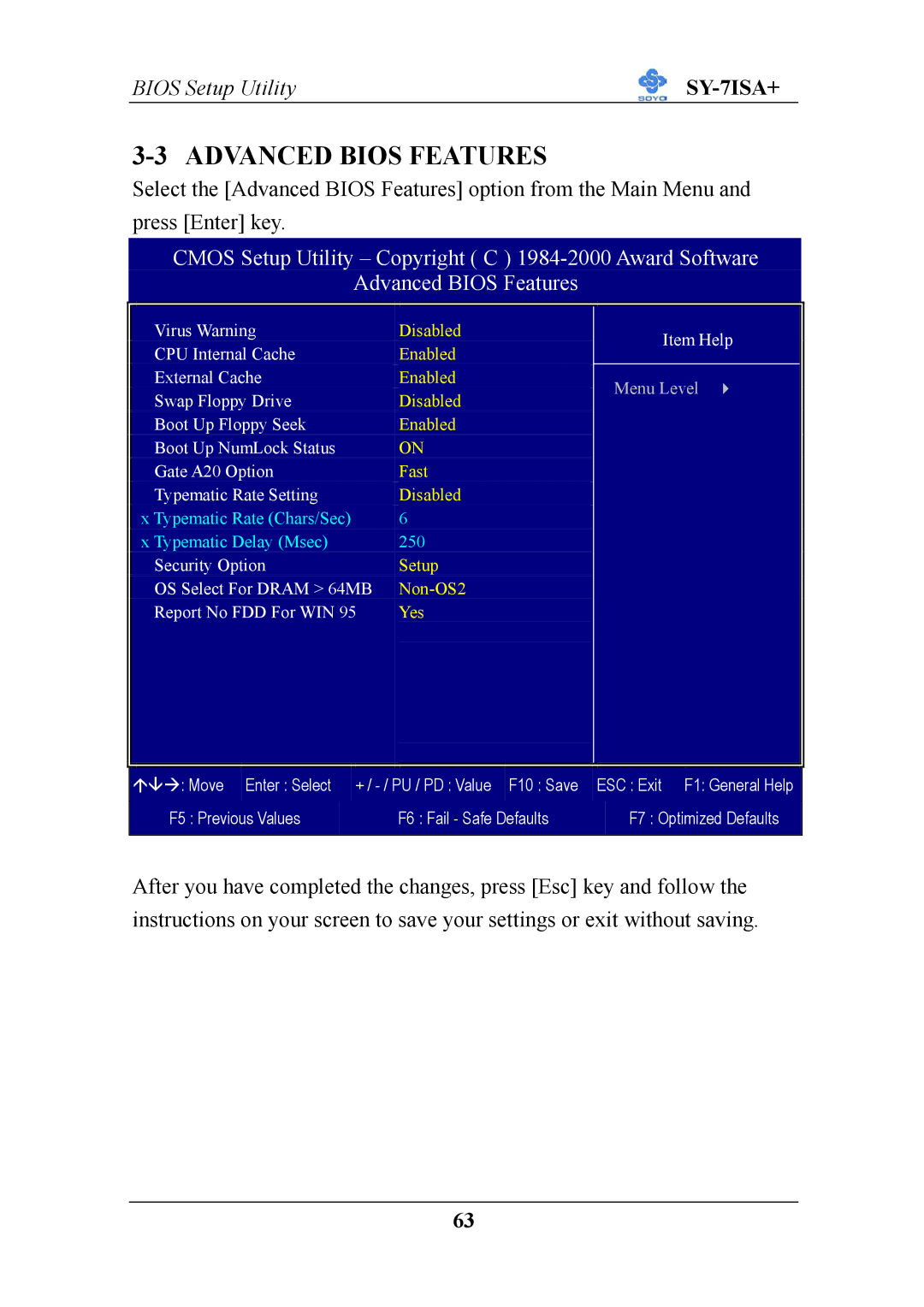 SOYO mother board fc-pga socket 370 pocessor supported, sy-7isa+ manual Advanced Bios Features 