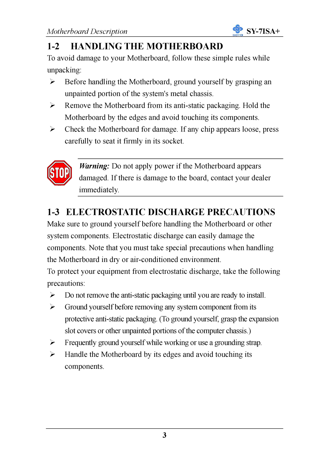 SOYO mother board fc-pga socket 370 pocessor supported manual Handling the Motherboard, Electrostatic Discharge Precautions 