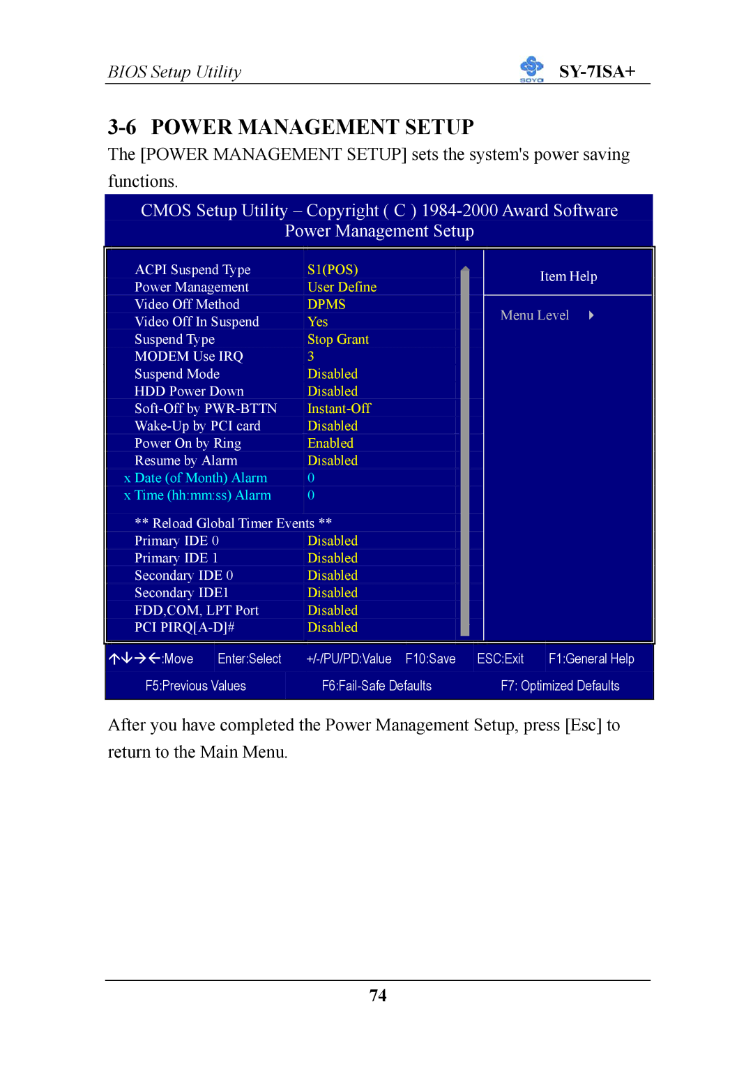 SOYO sy-7isa+, mother board fc-pga socket 370 pocessor supported manual Power Management Setup, Dpms 