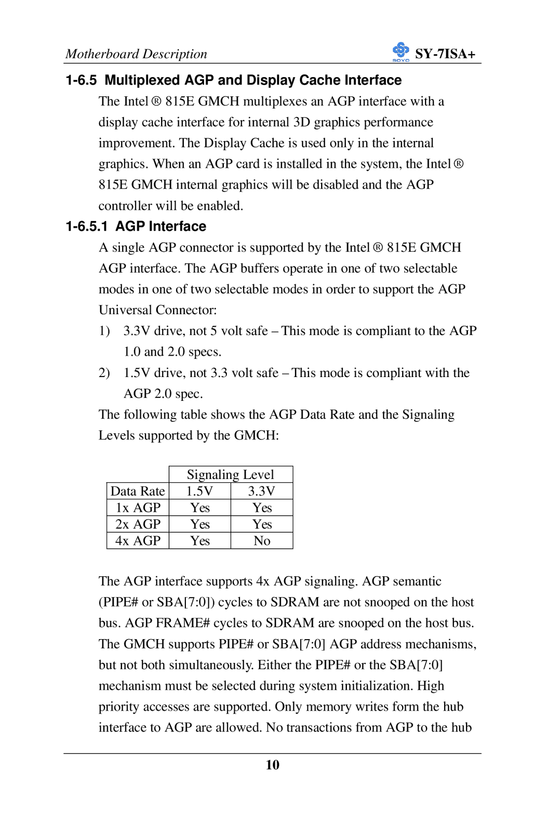 SOYO SY-7ISA+ Motherboard manual Multiplexed AGP and Display Cache Interface, AGP Interface 