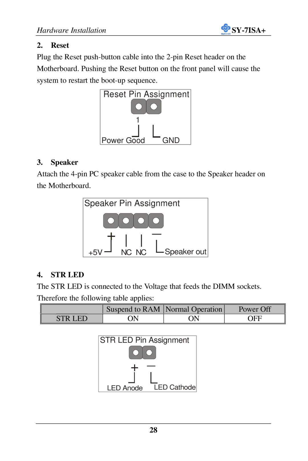 SOYO SY-7ISA+ Motherboard manual Reset, Speaker, Str Led 