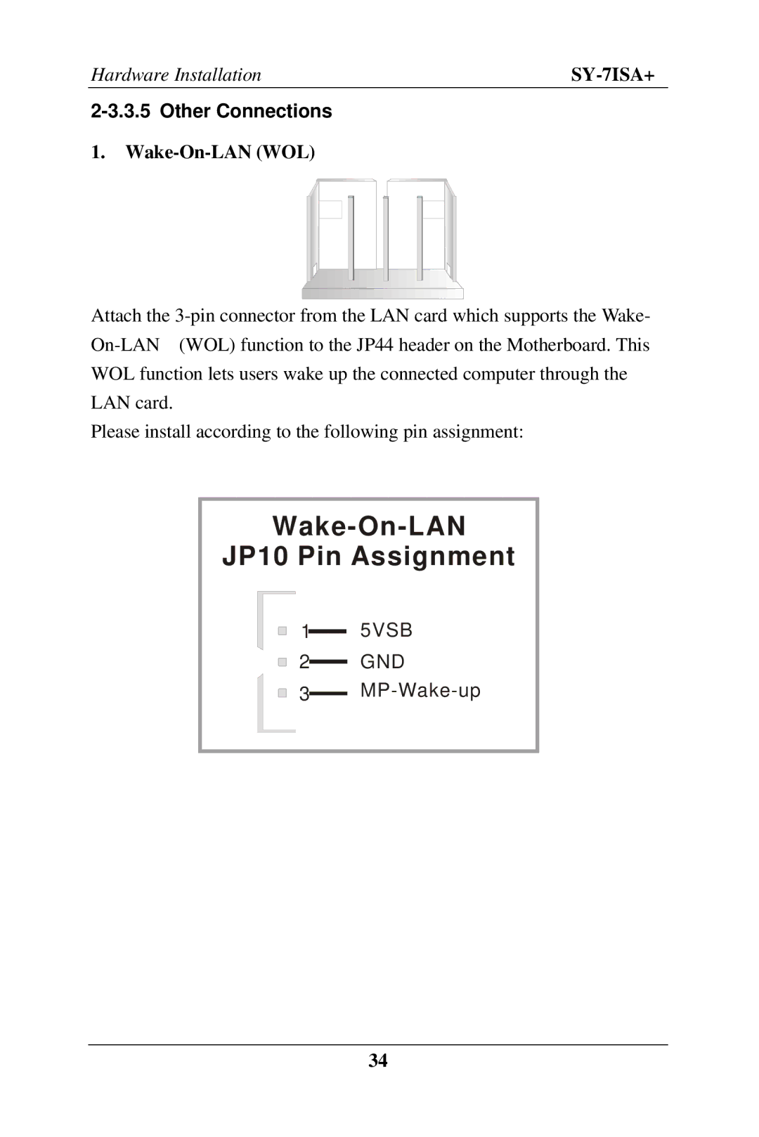 SOYO SY-7ISA+ Motherboard manual Other Connections, Wake-On-LAN WOL 
