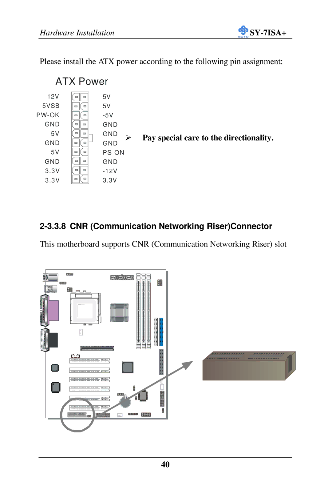 SOYO SY-7ISA+ Motherboard manual GND Ø Pay special care to the directionality, CNR Communication Networking RiserConnector 