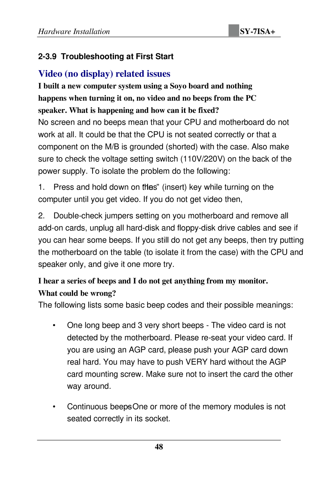 SOYO SY-7ISA+ Motherboard manual Video no display related issues, Troubleshooting at First Start 