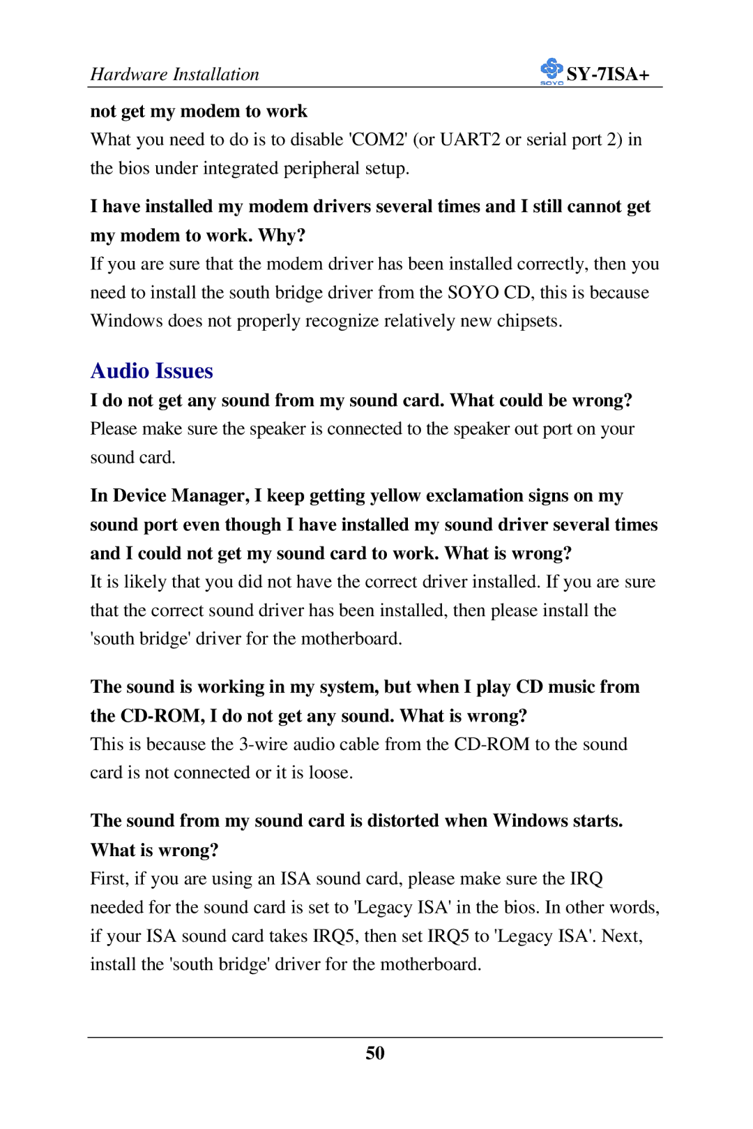 SOYO SY-7ISA+ Motherboard manual Audio Issues, Not get my modem to work 