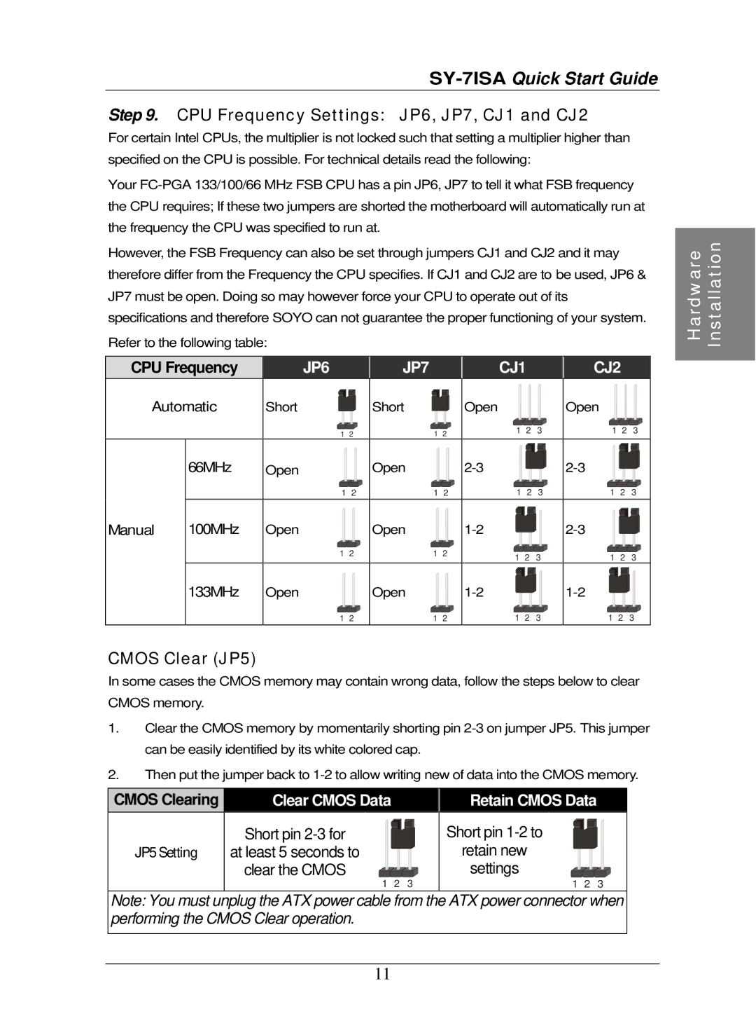 SOYO SY-7ISA quick start CPU Frequency Settings JP6, JP7, CJ1 and CJ2, Cmos Clear JP5 