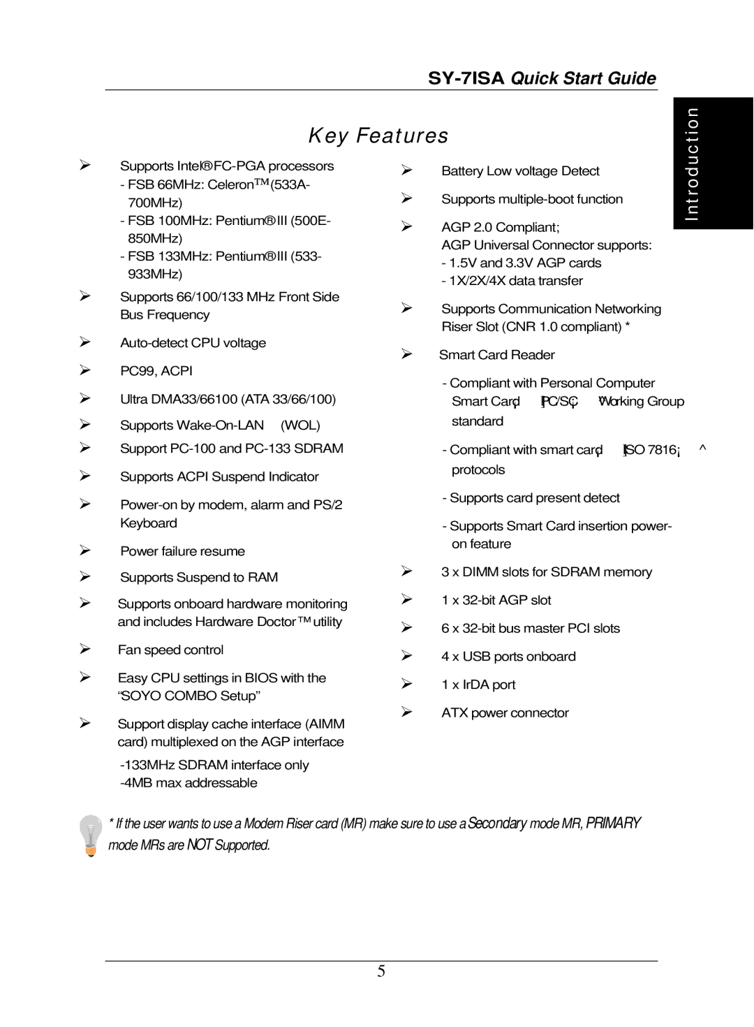 SOYO SY-7ISA quick start Key Features 