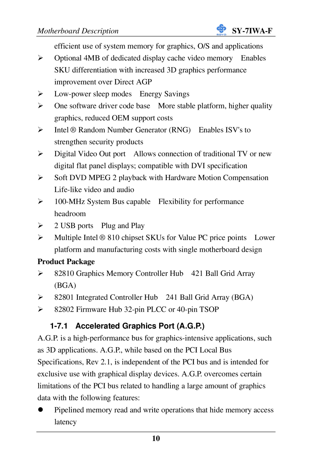 SOYO SY-7IWA-F user manual Product Package, Accelerated Graphics Port A.G.P 