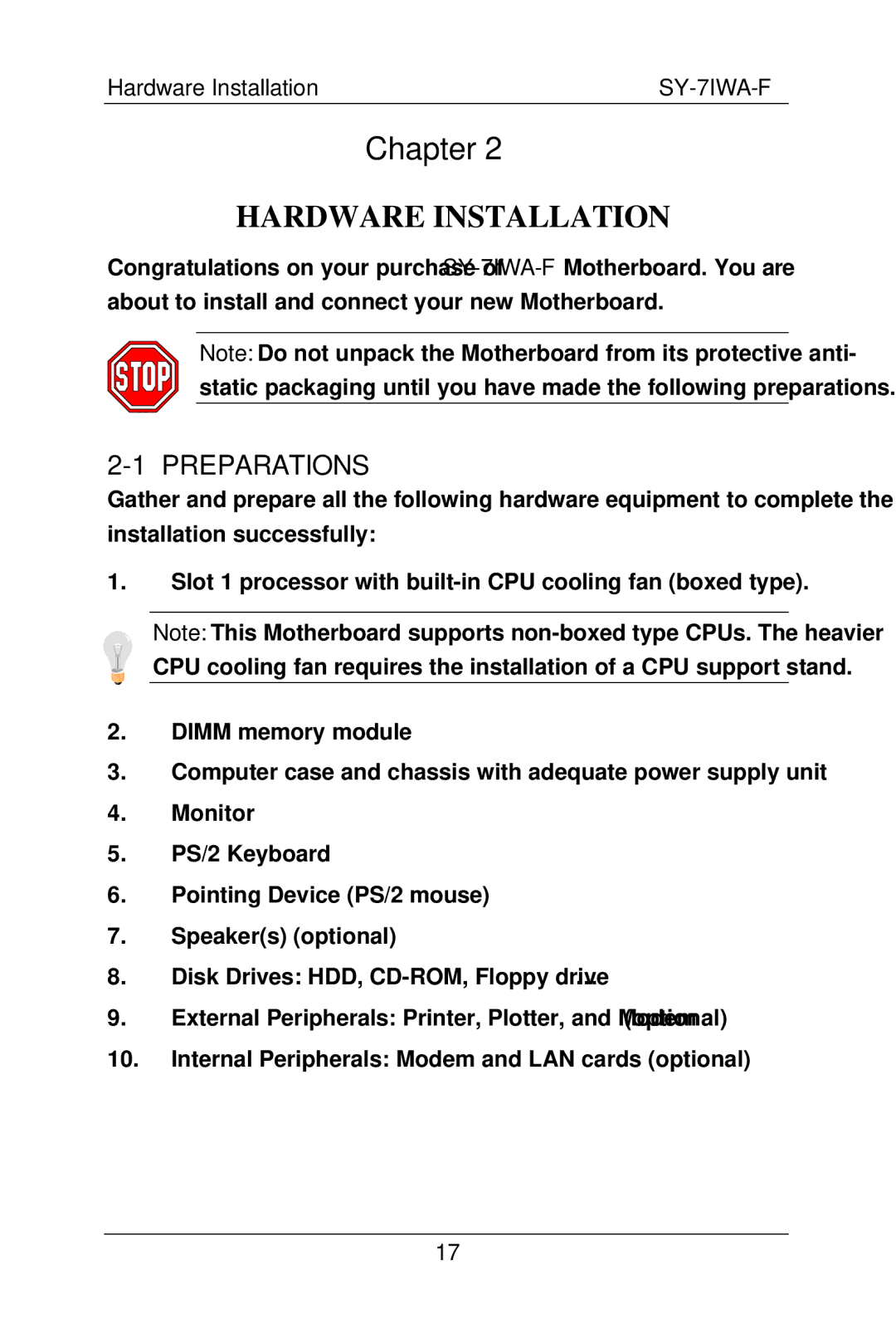 SOYO SY-7IWA-F user manual Chapter, Preparations 