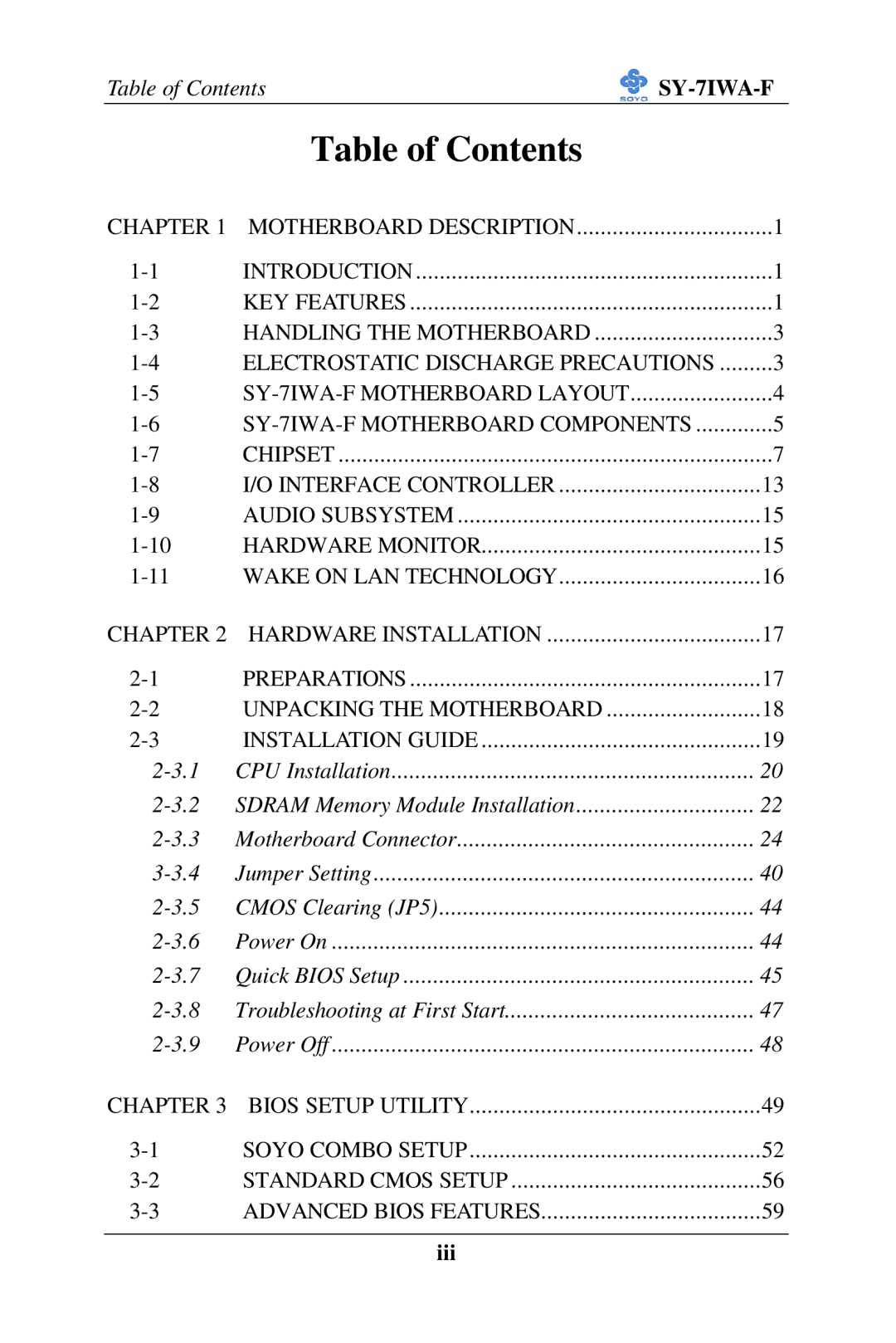 SOYO SY-7IWA-F user manual Table of Contents 