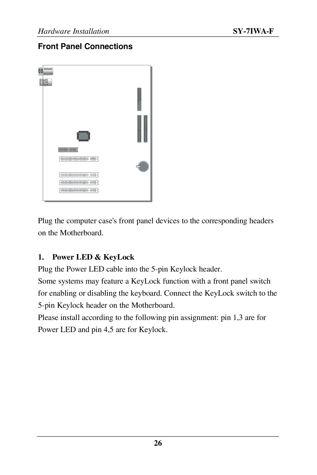 SOYO SY-7IWA-F user manual Front Panel Connections, Power LED & KeyLock 