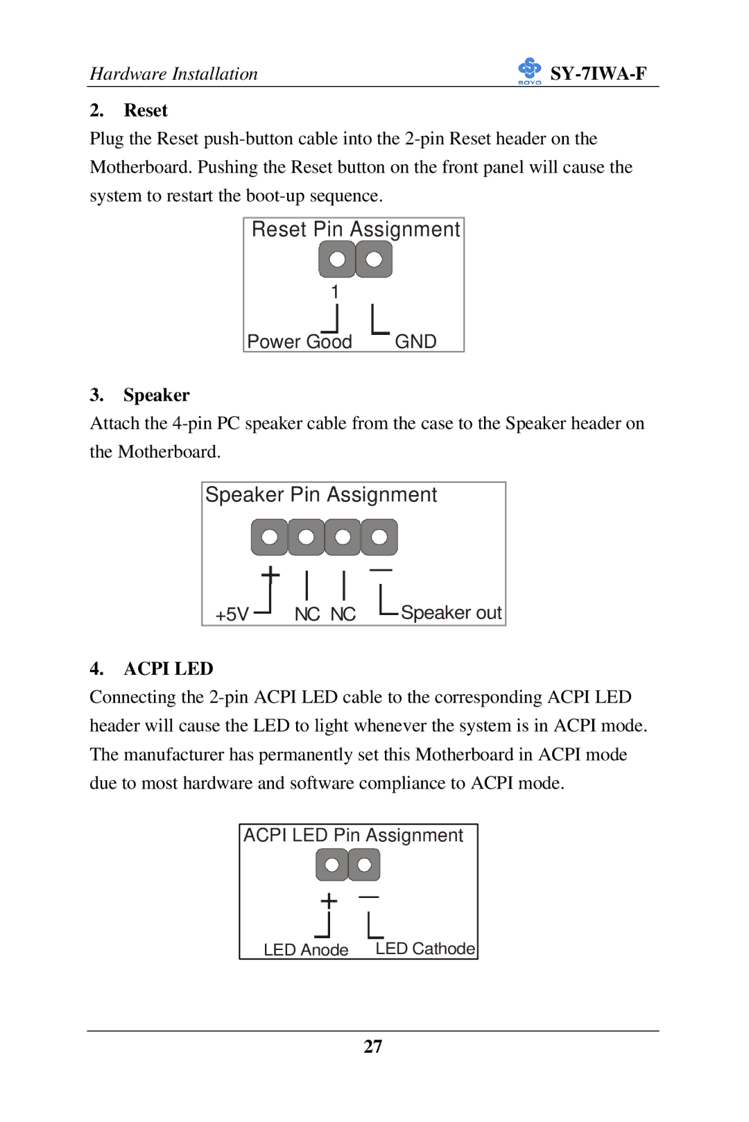 SOYO SY-7IWA-F user manual Reset, Speaker, Acpi LED 