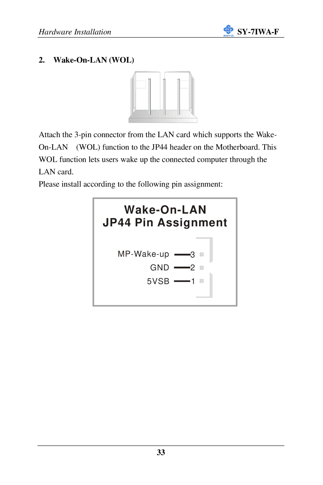 SOYO SY-7IWA-F user manual Wake-On-LAN JP44 Pin Assignment, Wake-On-LAN WOL 