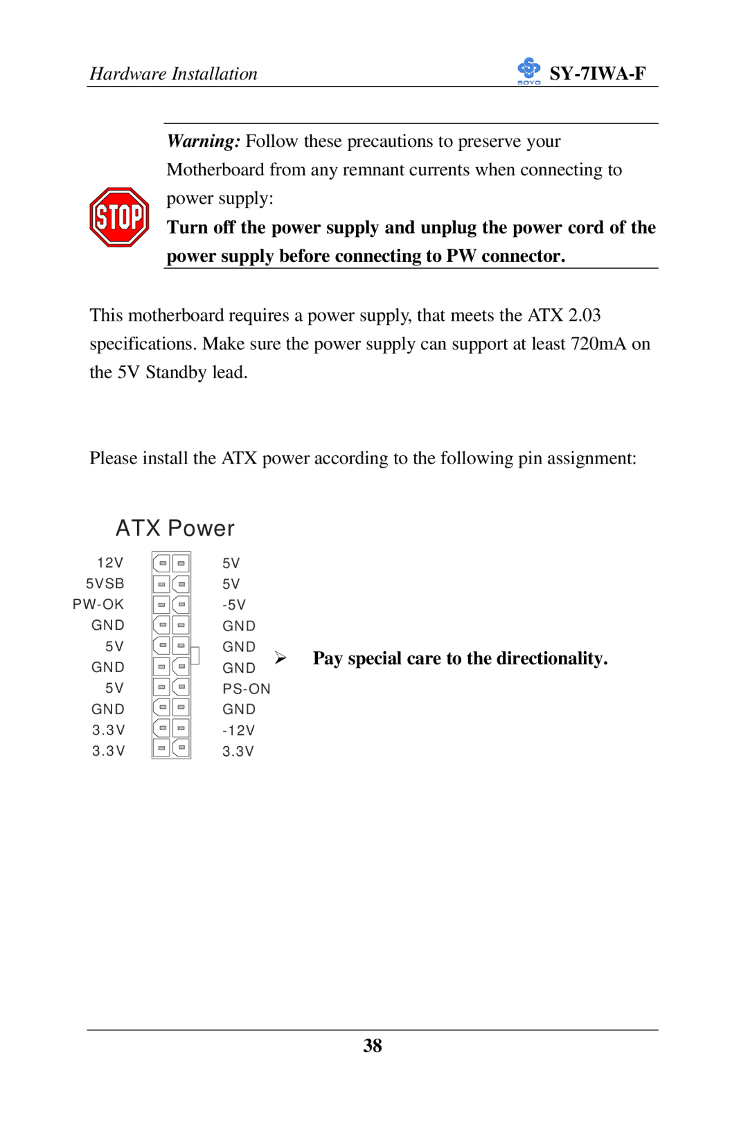 SOYO SY-7IWA-F user manual ATX Power, GND Ø Pay special care to the directionality 