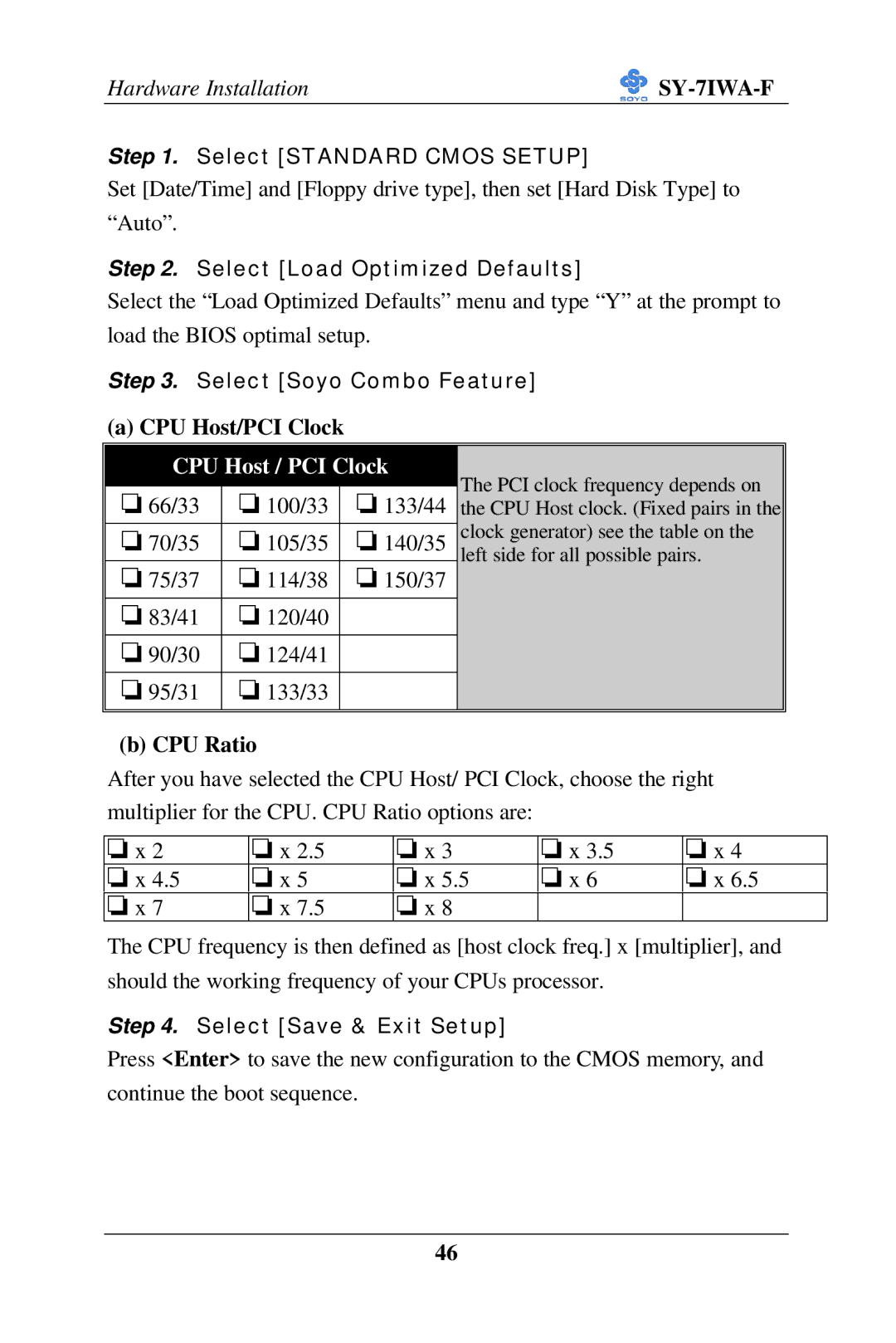 SOYO SY-7IWA-F user manual Select Standard Cmos Setup, Select Load Optimized Defaults, Select Soyo Combo Feature 