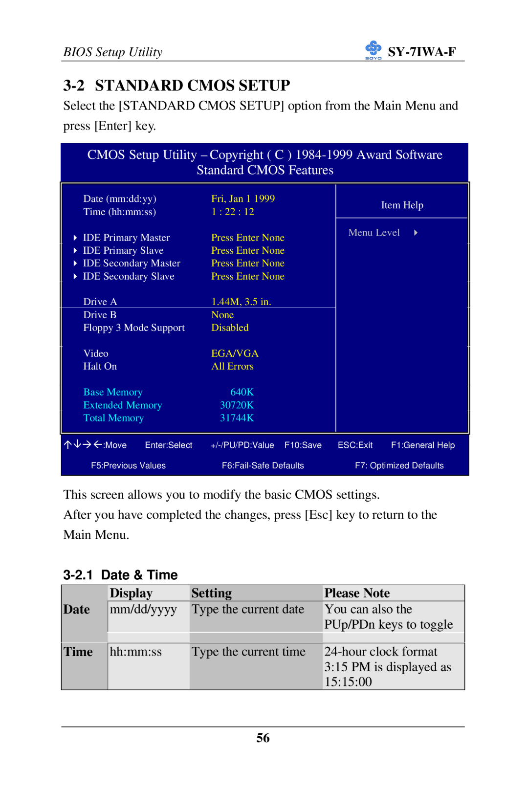 SOYO SY-7IWA-F user manual Standard Cmos Setup, Date & Time, Date Time Display Setting Please Note 