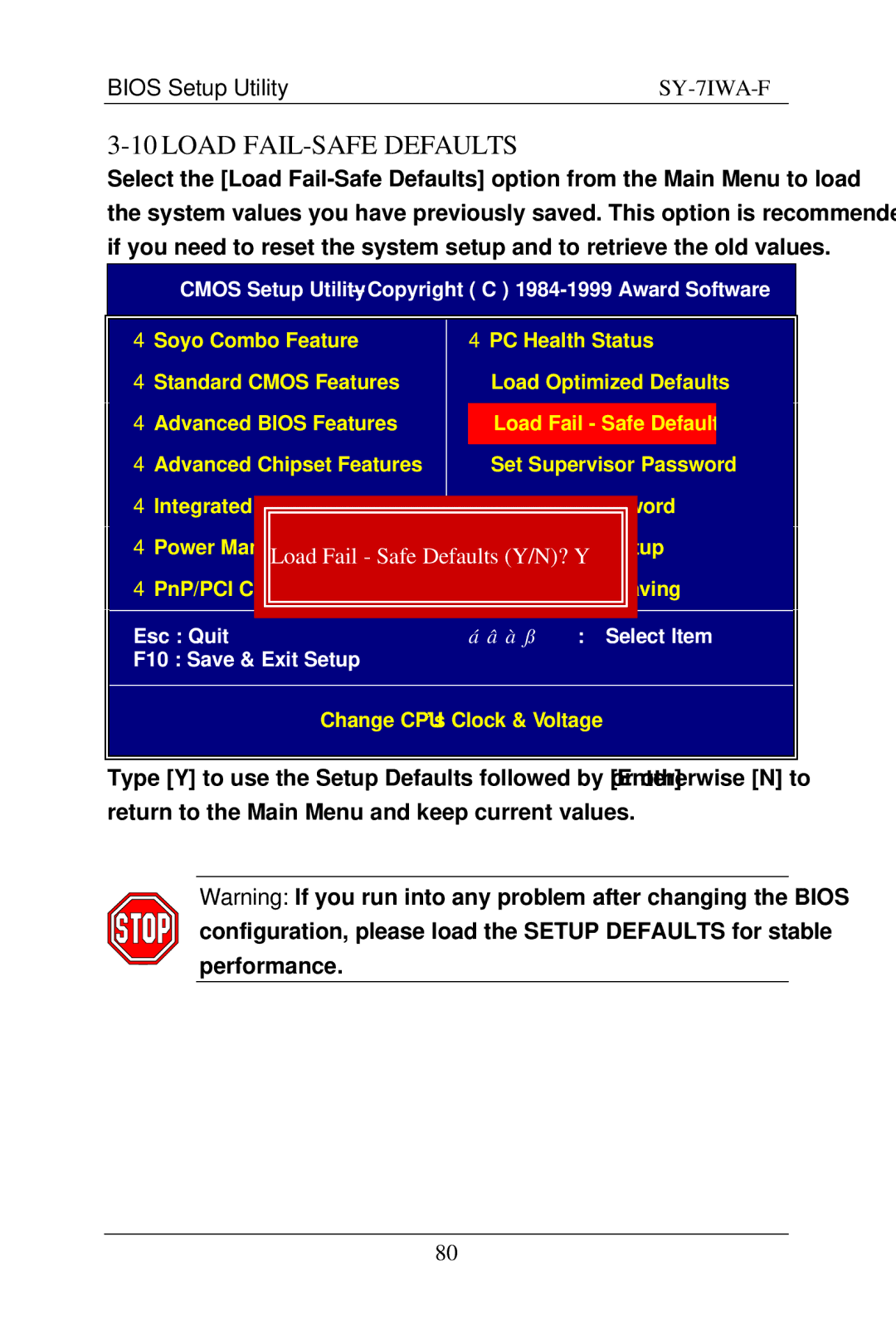 SOYO SY-7IWA-F user manual Load FAIL-SAFE Defaults, Load Fail Safe Defaults Y/N? Y 