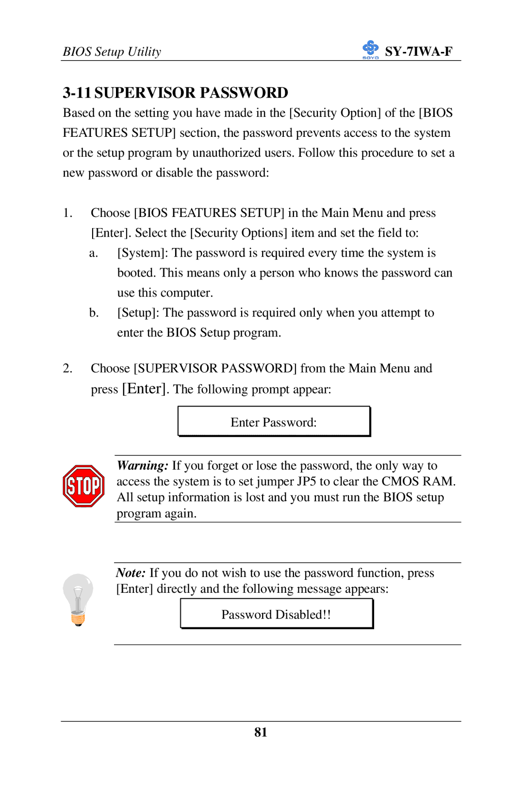 SOYO SY-7IWA-F user manual Supervisor Password 