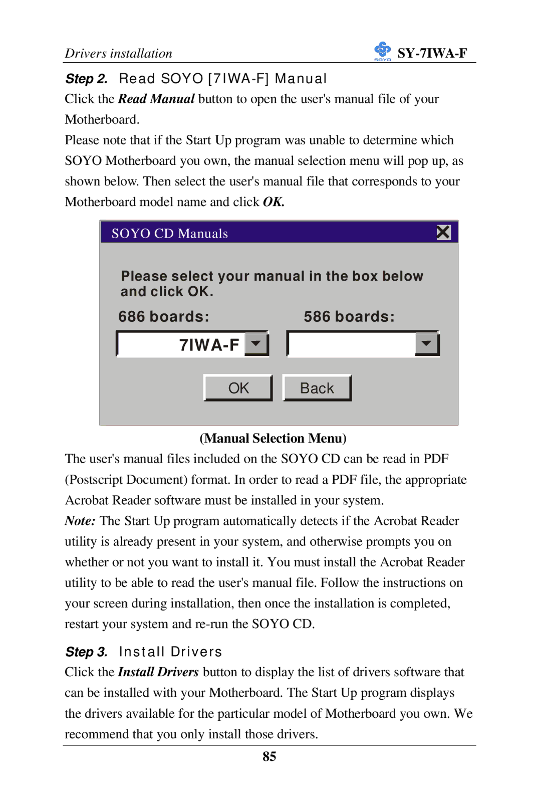 SOYO SY-7IWA-F user manual Read Soyo 7IWA-F Manual, Manual Selection Menu, Install Drivers 