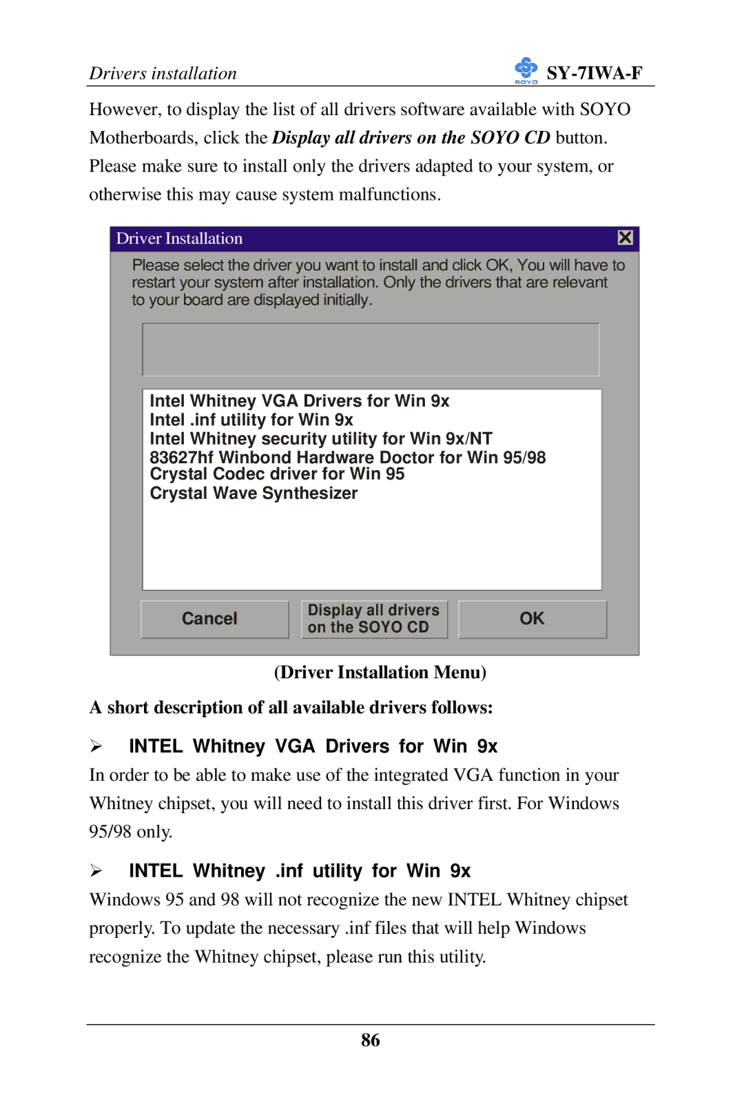 SOYO SY-7IWA-F user manual Intel Whitney VGA Drivers for Win, Intel Whitney .inf utility for Win 