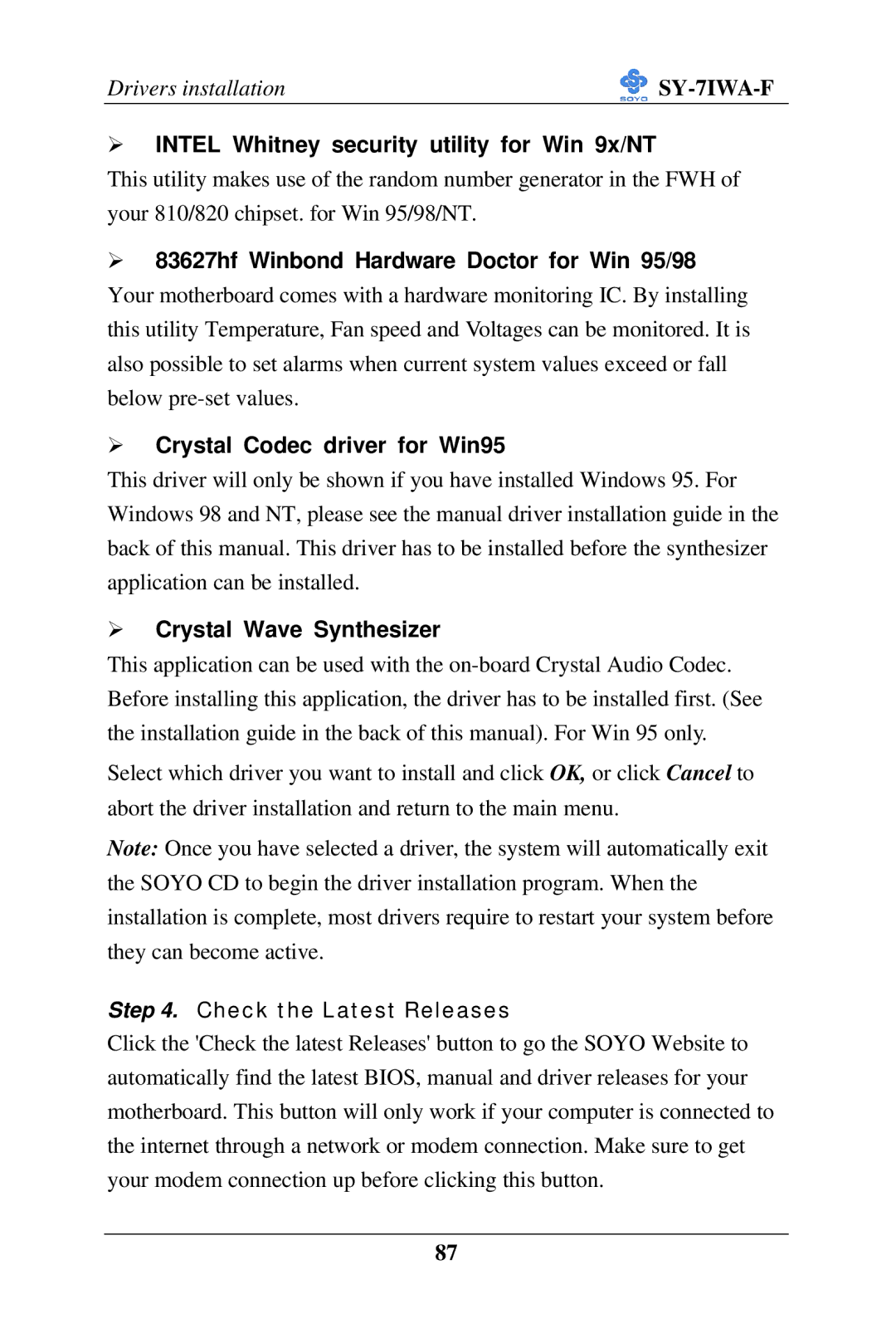 SOYO SY-7IWA-F user manual Intel Whitney security utility for Win 9x/NT, 83627hf Winbond Hardware Doctor for Win 95/98 