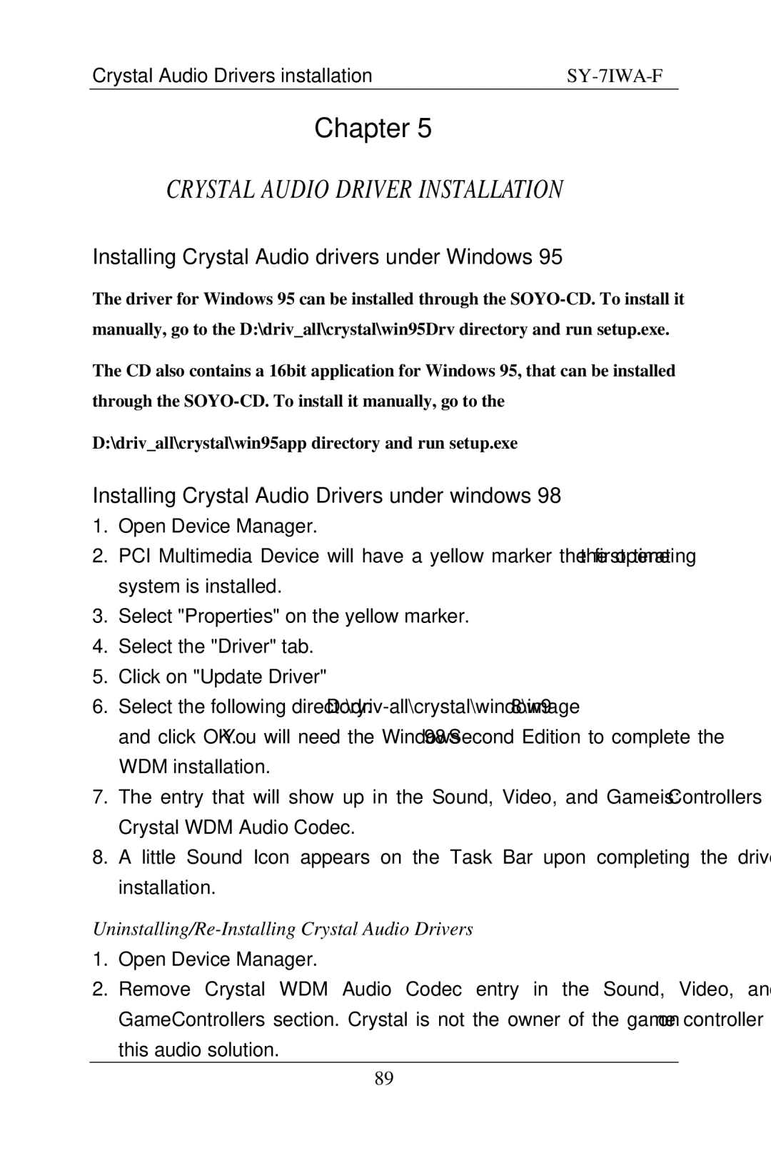 SOYO SY-7IWA-F user manual Crystal Audio Driver Installation, Uninstalling/Re-Installing Crystal Audio Drivers 