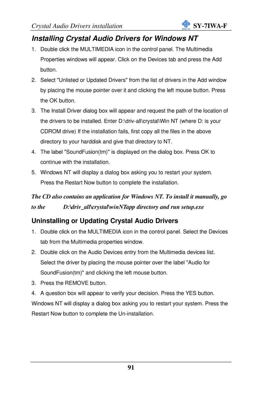 SOYO SY-7IWA-F user manual Installing Crystal Audio Drivers for Windows NT, Uninstalling or Updating Crystal Audio Drivers 