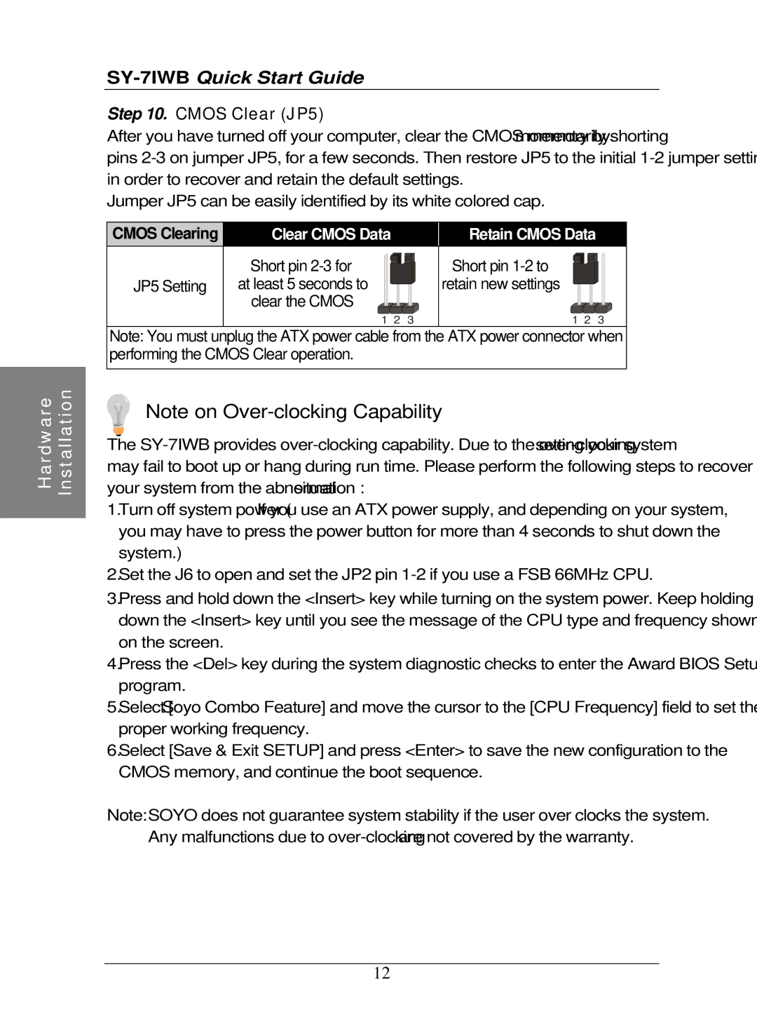 SOYO SY-7IWB quick start Cmos Clear JP5, Clear Cmos Data Retain Cmos Data 