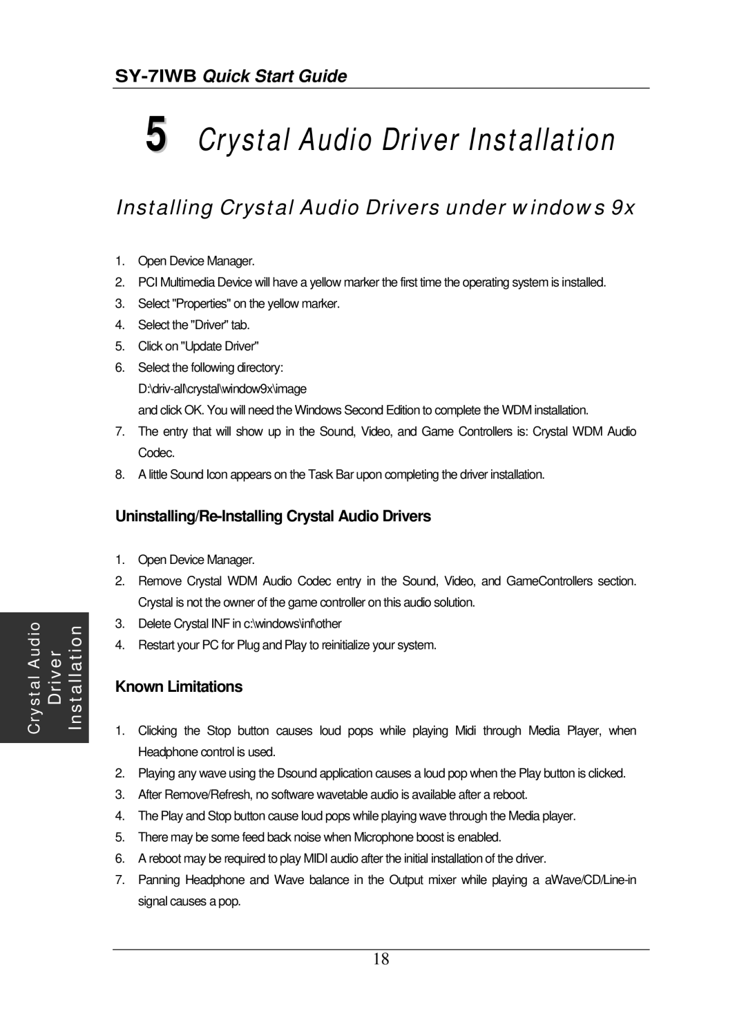 SOYO SY-7IWB quick start Installing Crystal Audio Drivers under windows, Uninstalling/Re-Installing Crystal Audio Drivers 